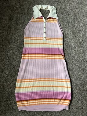 Striped Knit Halter Dress in Lavender, Cream & Orange